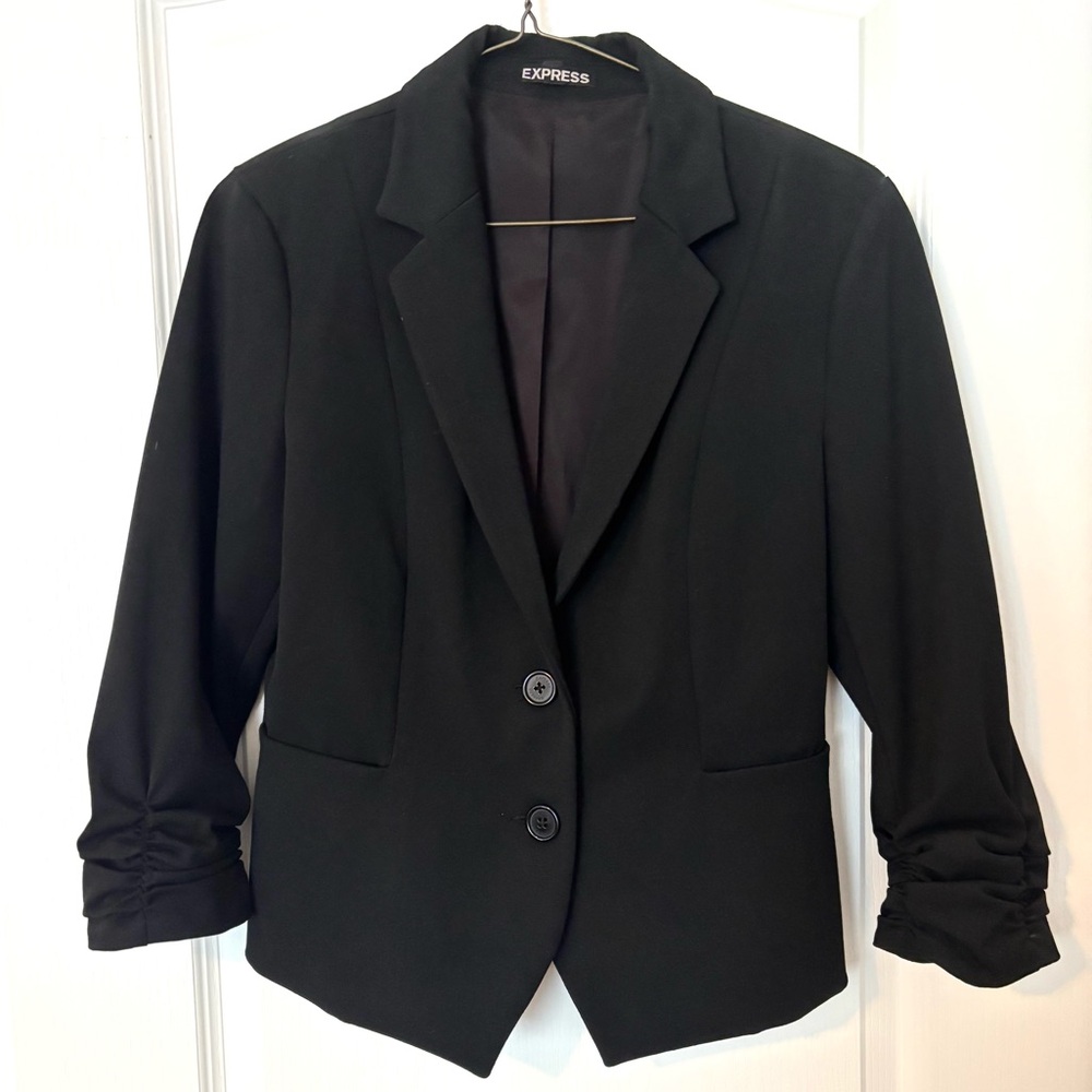 Express Women's Black Blazer With 3/4 Ruched Sleeves